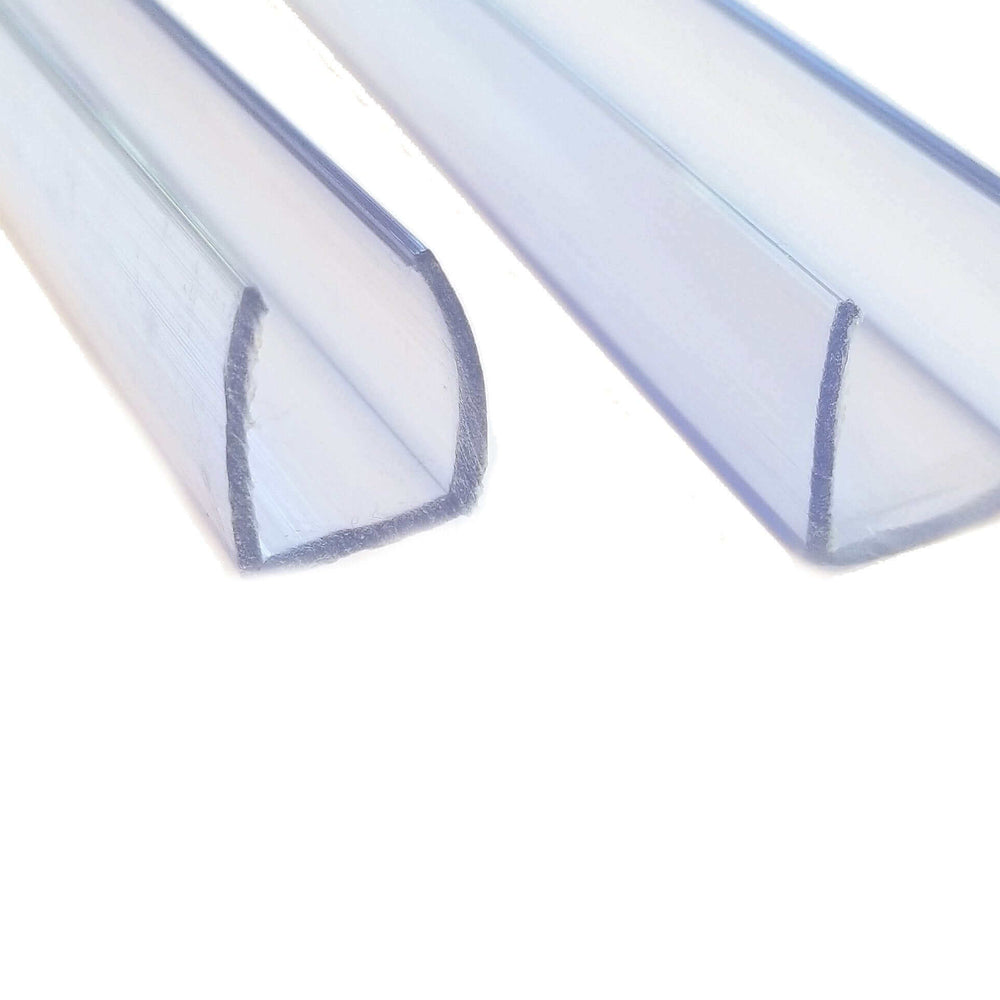 two pieces of clear pvc led channel in different widths; thinner on left, wider on right