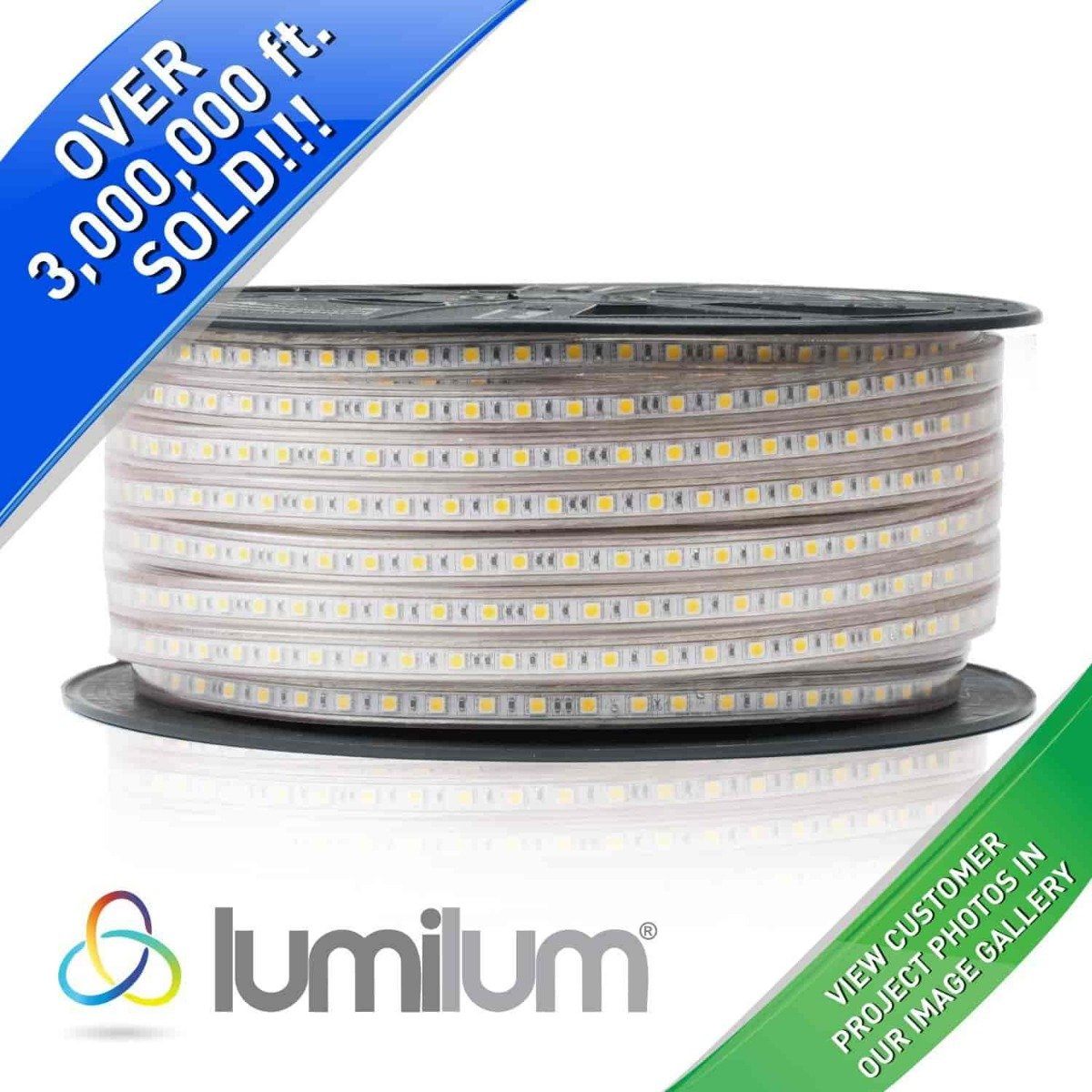 120v led strip light on white background with diagonal blue and green text banners
