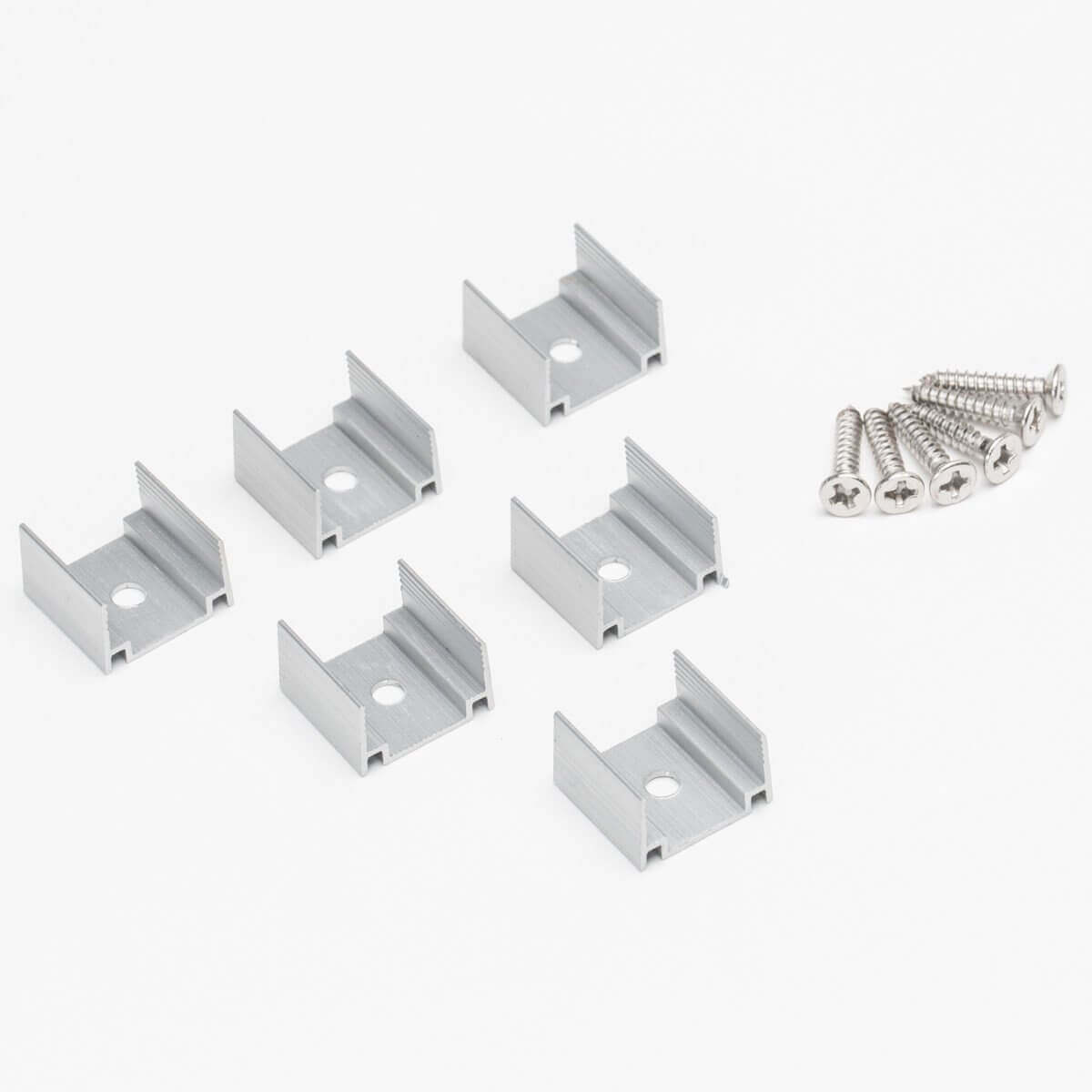 6 silver half inch aluminum led channel pieces with screws on the side