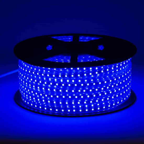 120V led strip lights on black reel displaying vivid light in intense blue color