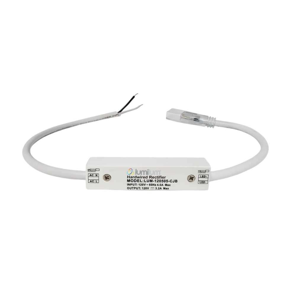 rectangular white compact led rectifier with cables coming out of both ends