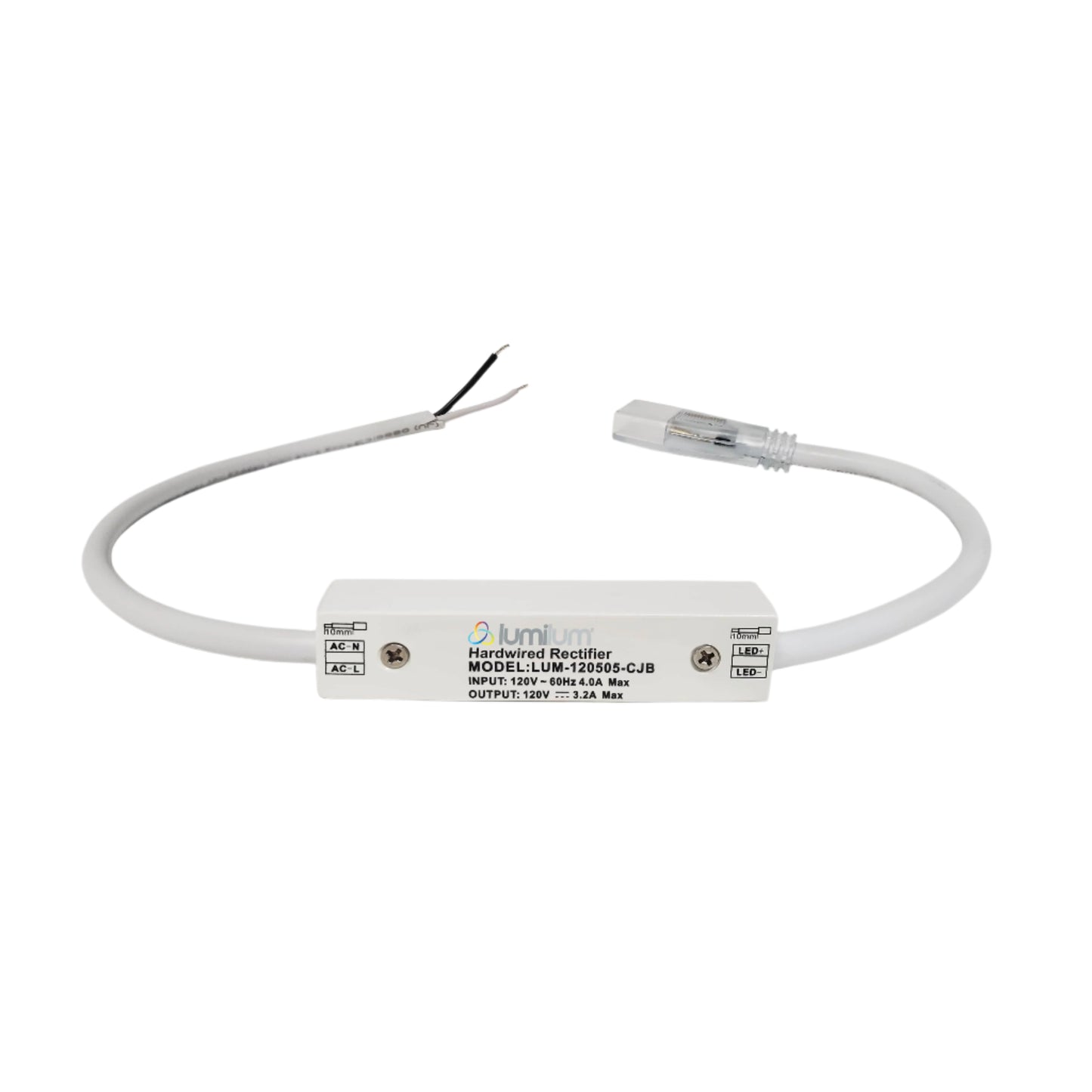 rectangular white compact led rectifier with cables coming out of both ends