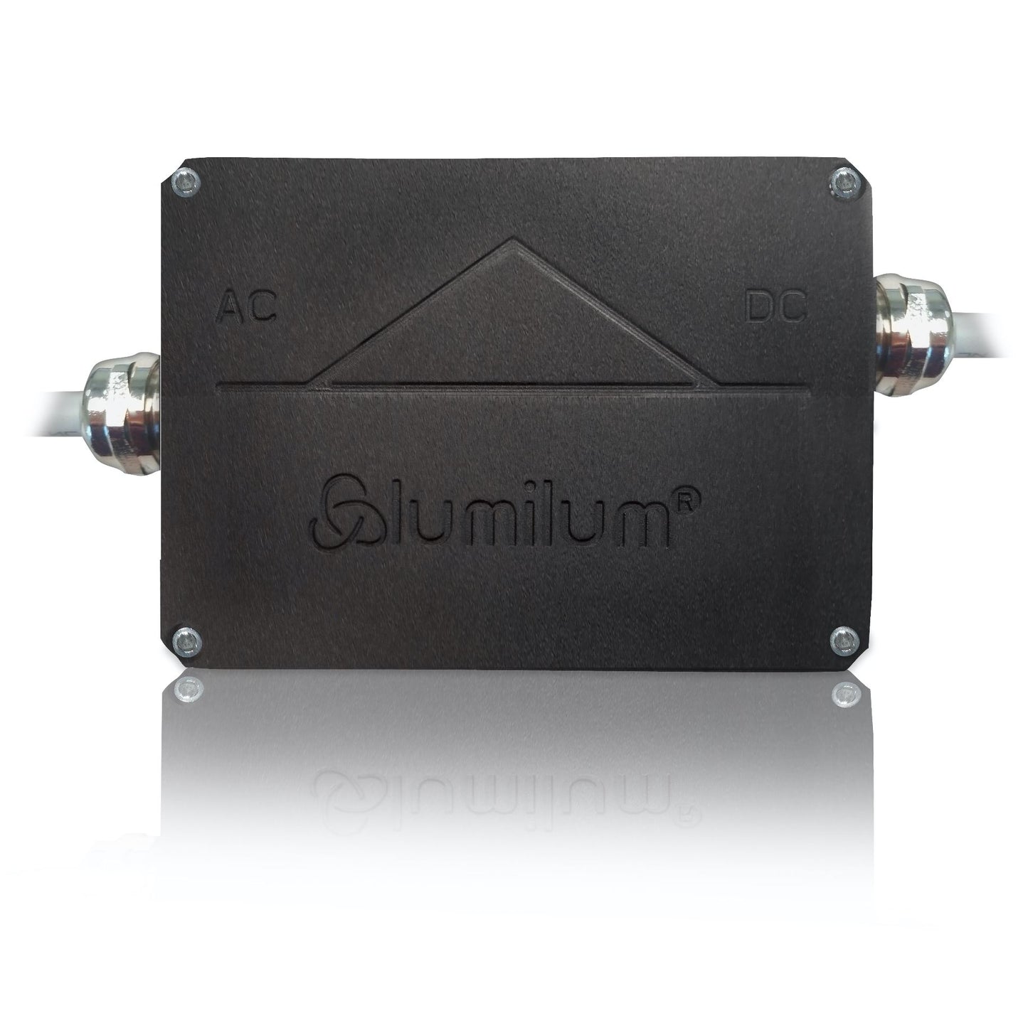 frontal shot of a black hardwired led rectifier box from Lumilum