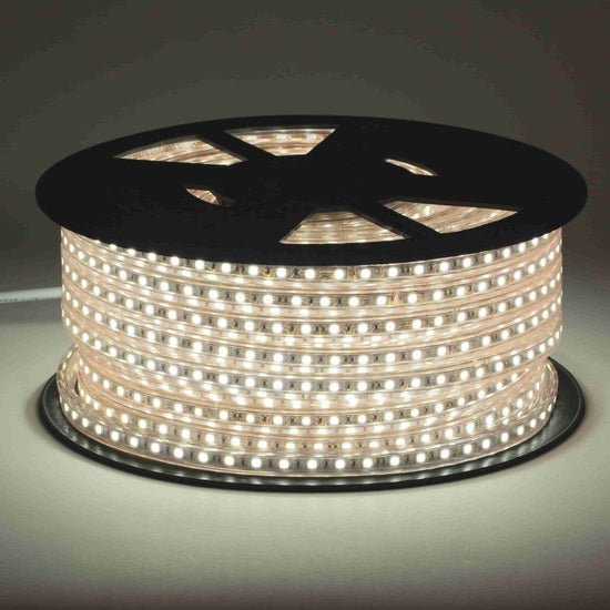 120V led strip lights on black reel displaying vivid light in intense white color