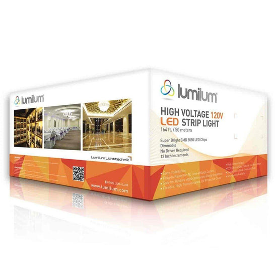 120V led strip lights box bottom orange half and top white half with multiple images on box