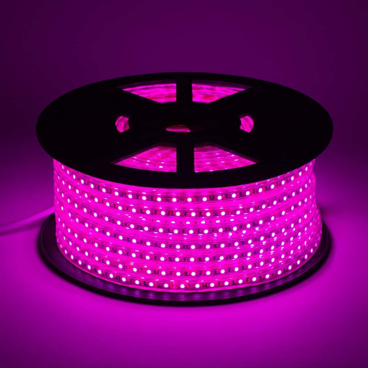 pink led strip light on black reel displaying vivid light in intense hot pink color