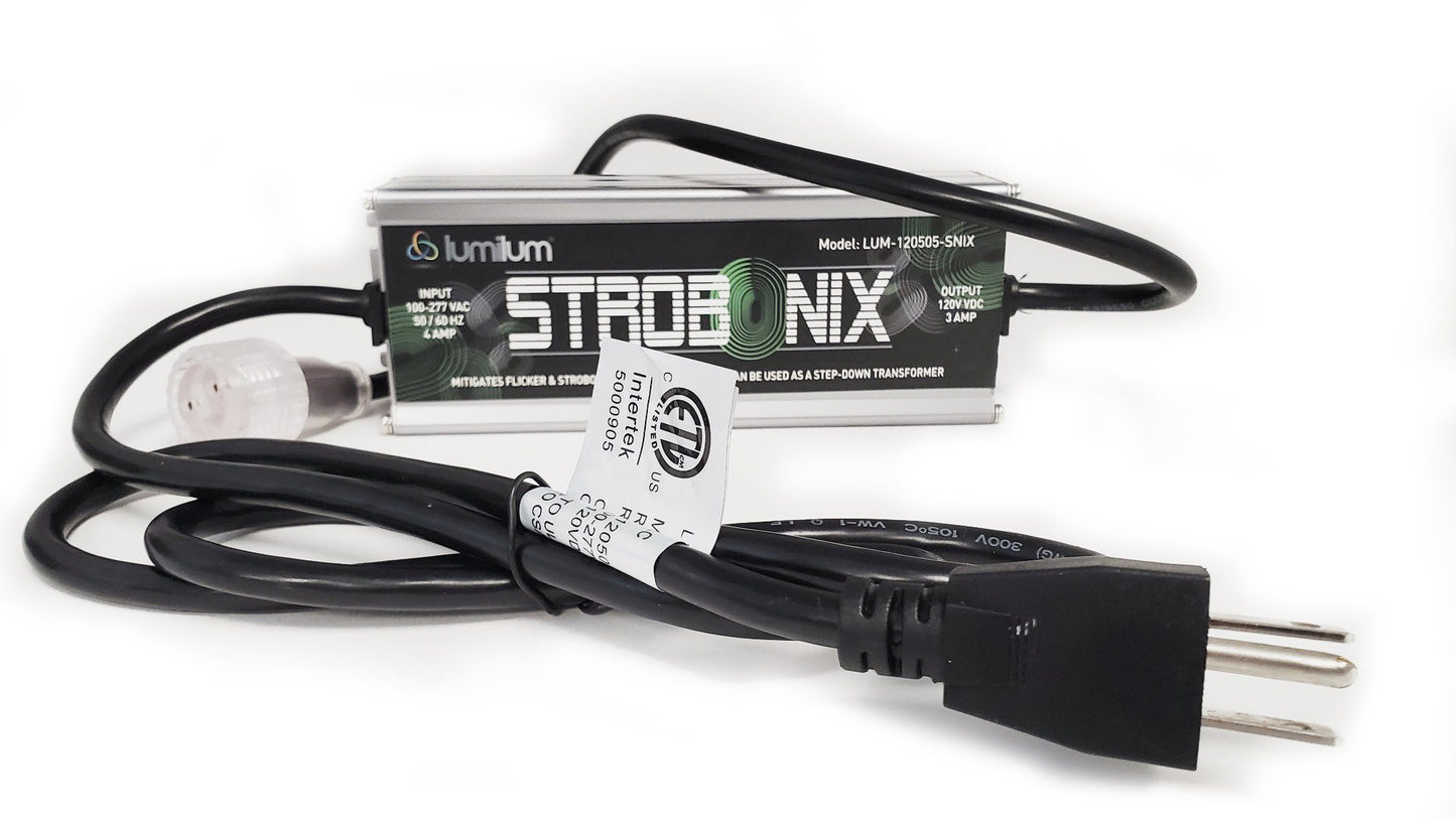 metal exterior led step-down transformer controller with text "strobonix"