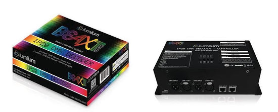 Load image into Gallery viewer, rainbow dmx decoder packaging on left of black dmx decoder with 6 front ports
