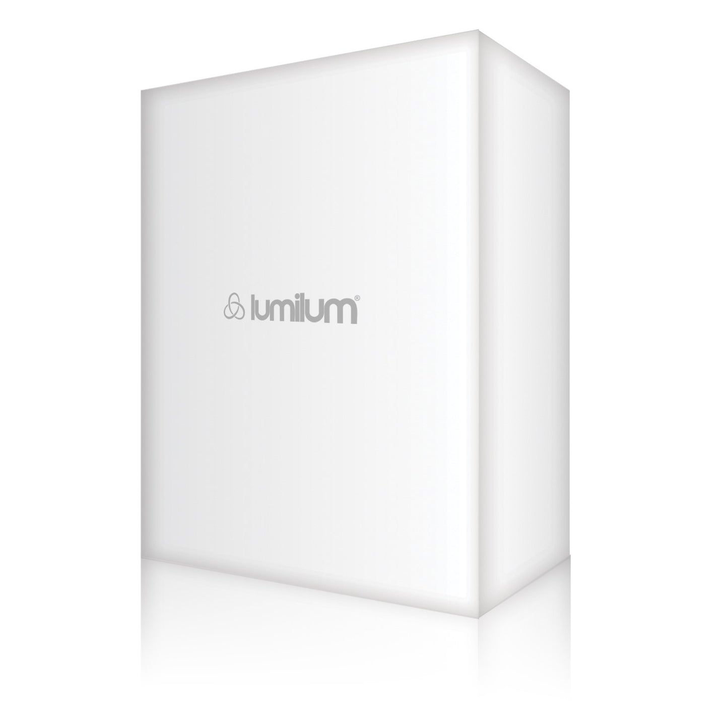 digital rendering of white square box with lumilum led lighting logo in gray