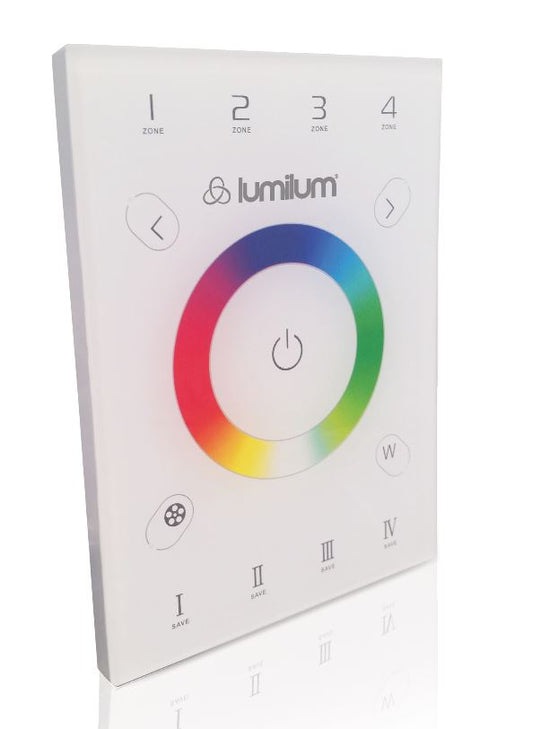 rectangular glossy white rgb wall panel with numbers 1-4 on top and color wheel with arrow buttons