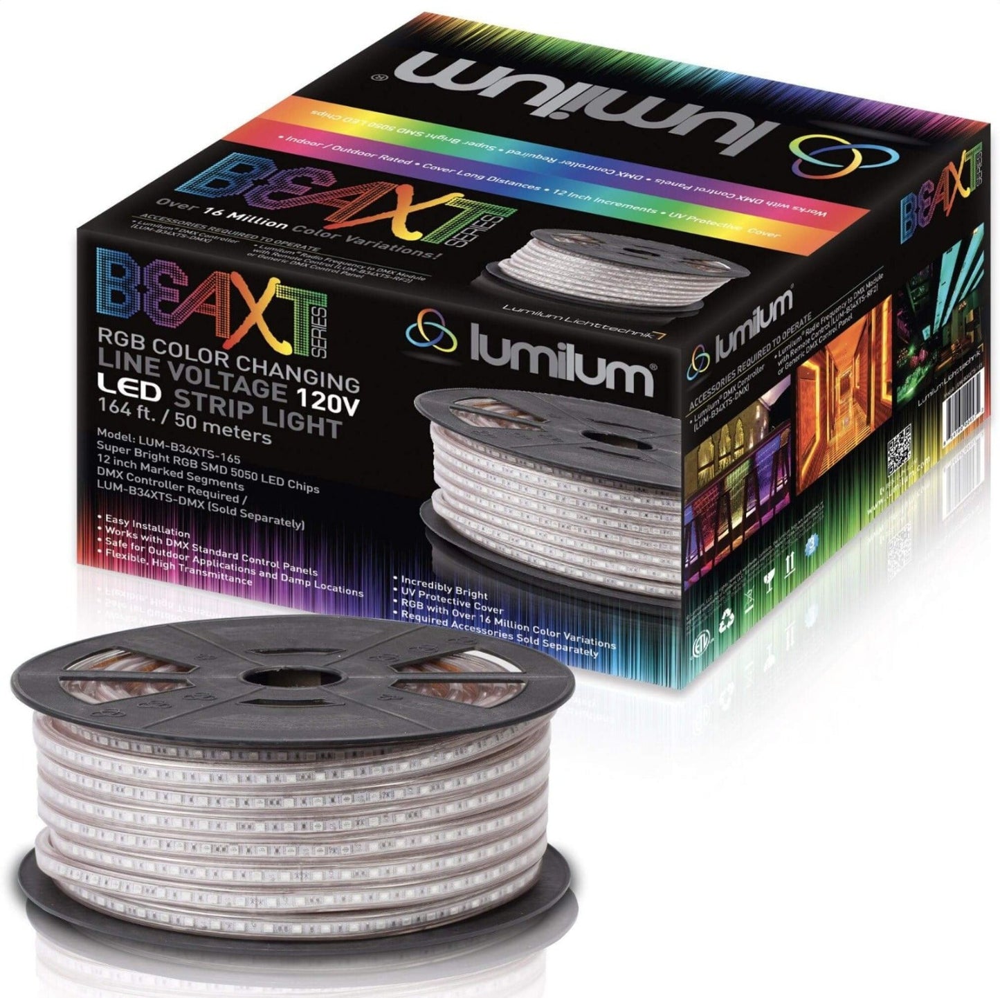 lumilum brand multicolored led strip light packaging next to led strip light reel