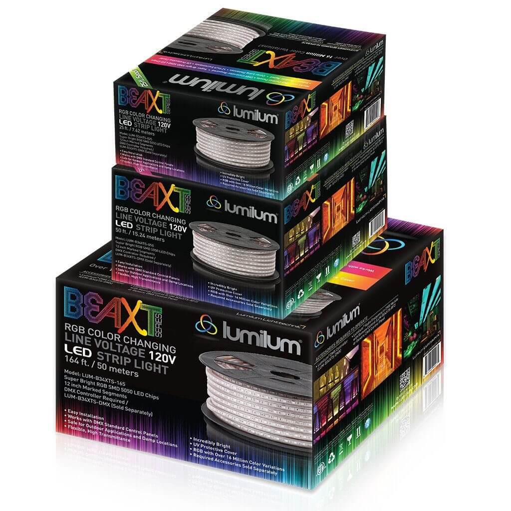 lumilum brand multicolored led strip light packaging boxes in 3 sizes stacked from largest at bottom to smallest on top