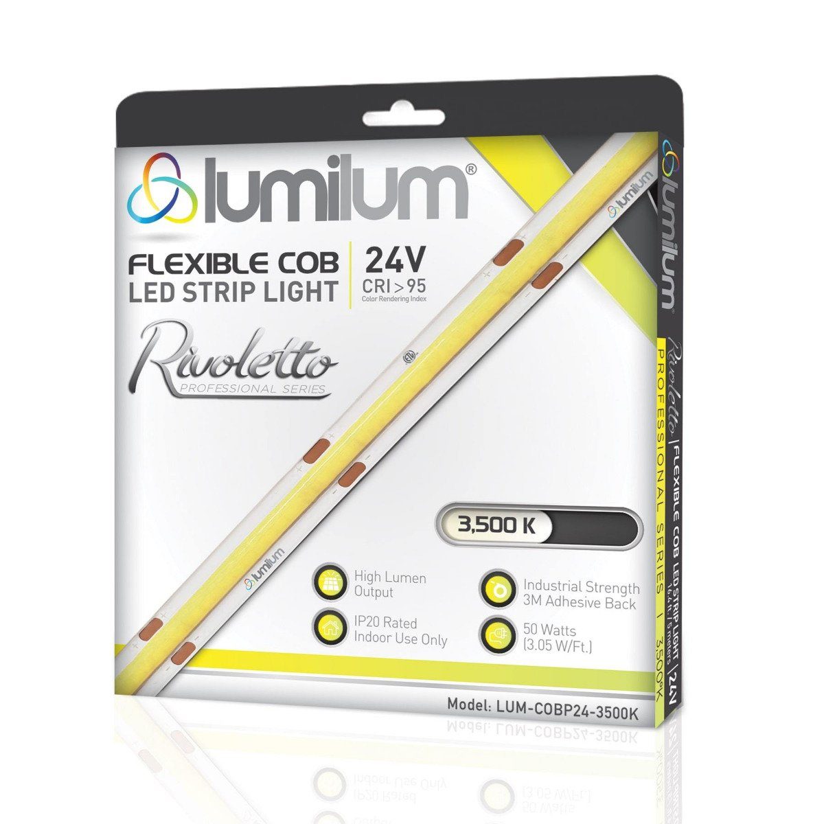 Lumilum 3500k led strip light packaging with yellow and white accents showing led strip with yellow line