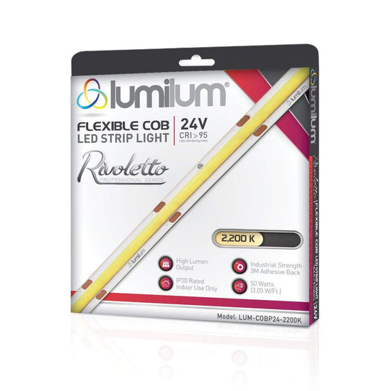 Lumilum 2200k led strip light packaging with magenta and white accents showing led strip with yellow line