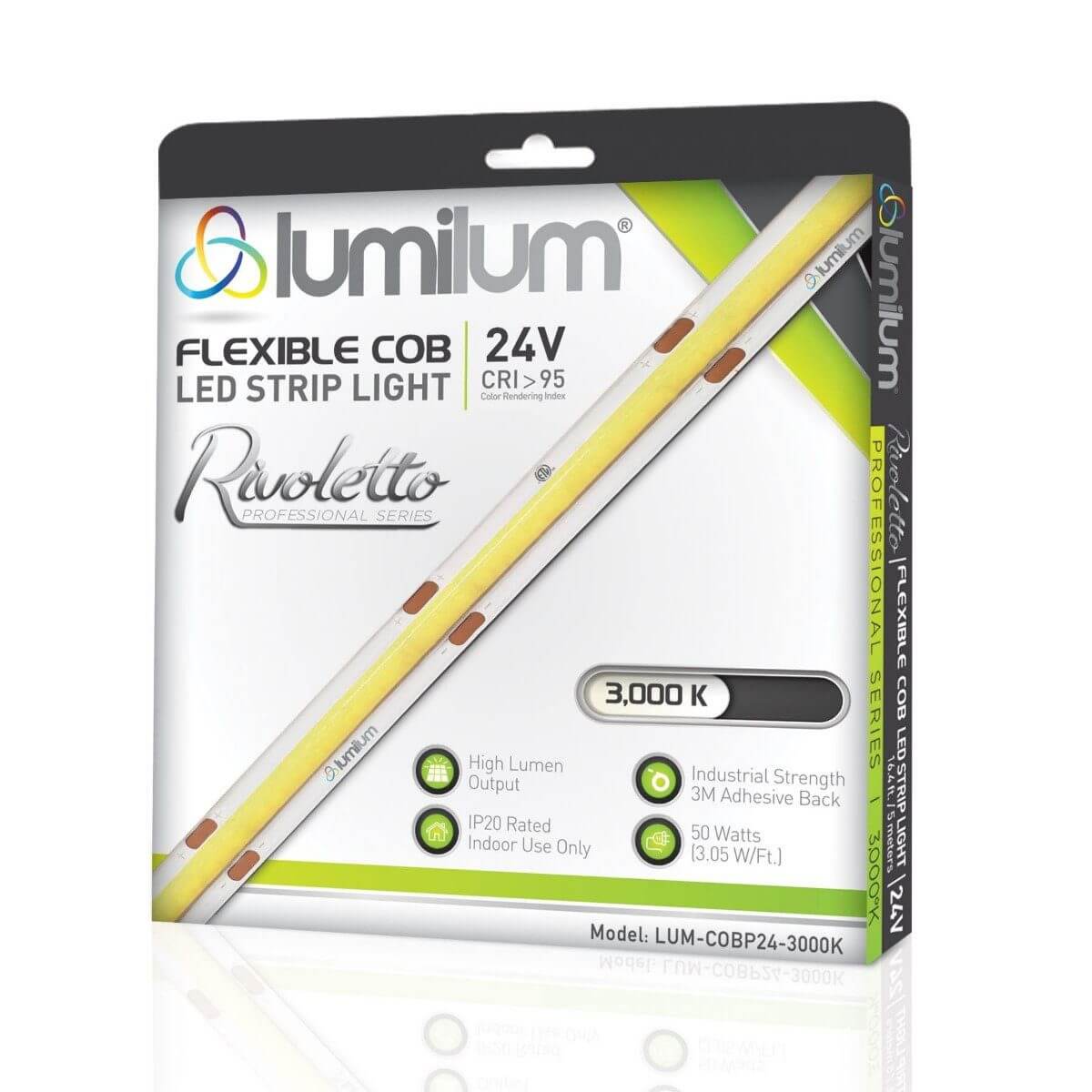 Lumilum 3000k led strip light packaging with bright green and white accents showing led strip with yellow line