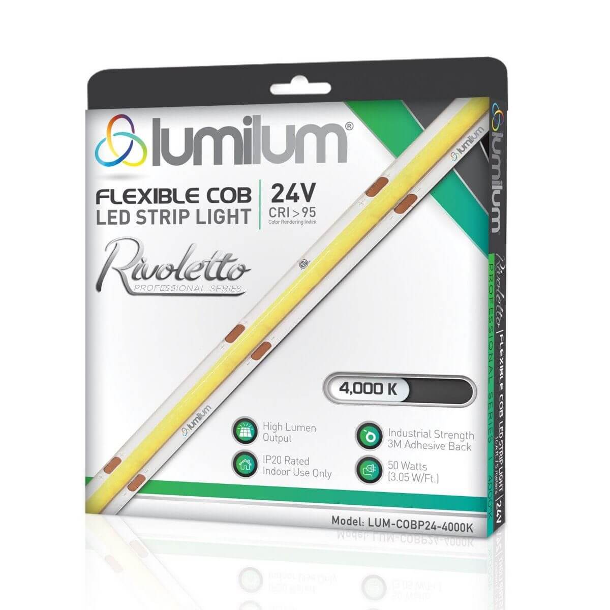 Lumilum 4000k led strip light packaging with green and white accents showing led strip with yellow line