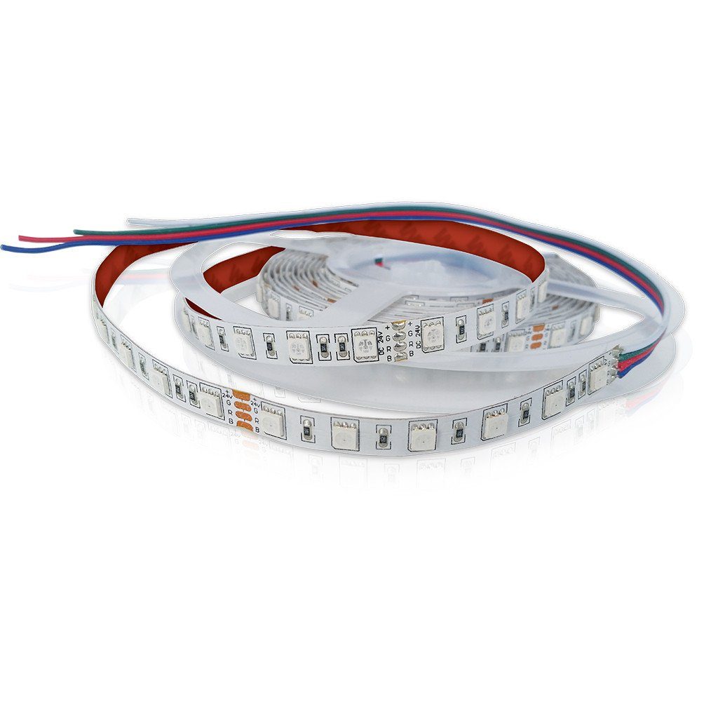 loosely coiled led strip light with white chips, red backing, and exposed wire