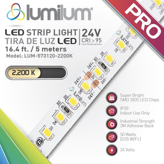 lumilum brand multicolored led strip light square packaging face with pink PRO text and 2200k color temperature