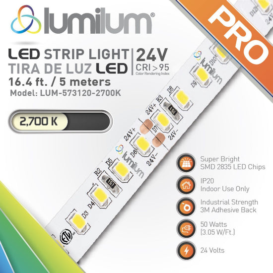 lumilum brand multicolored led strip light square packaging face with diagonal strip light with orange PRO text and 2700k color temperature text
