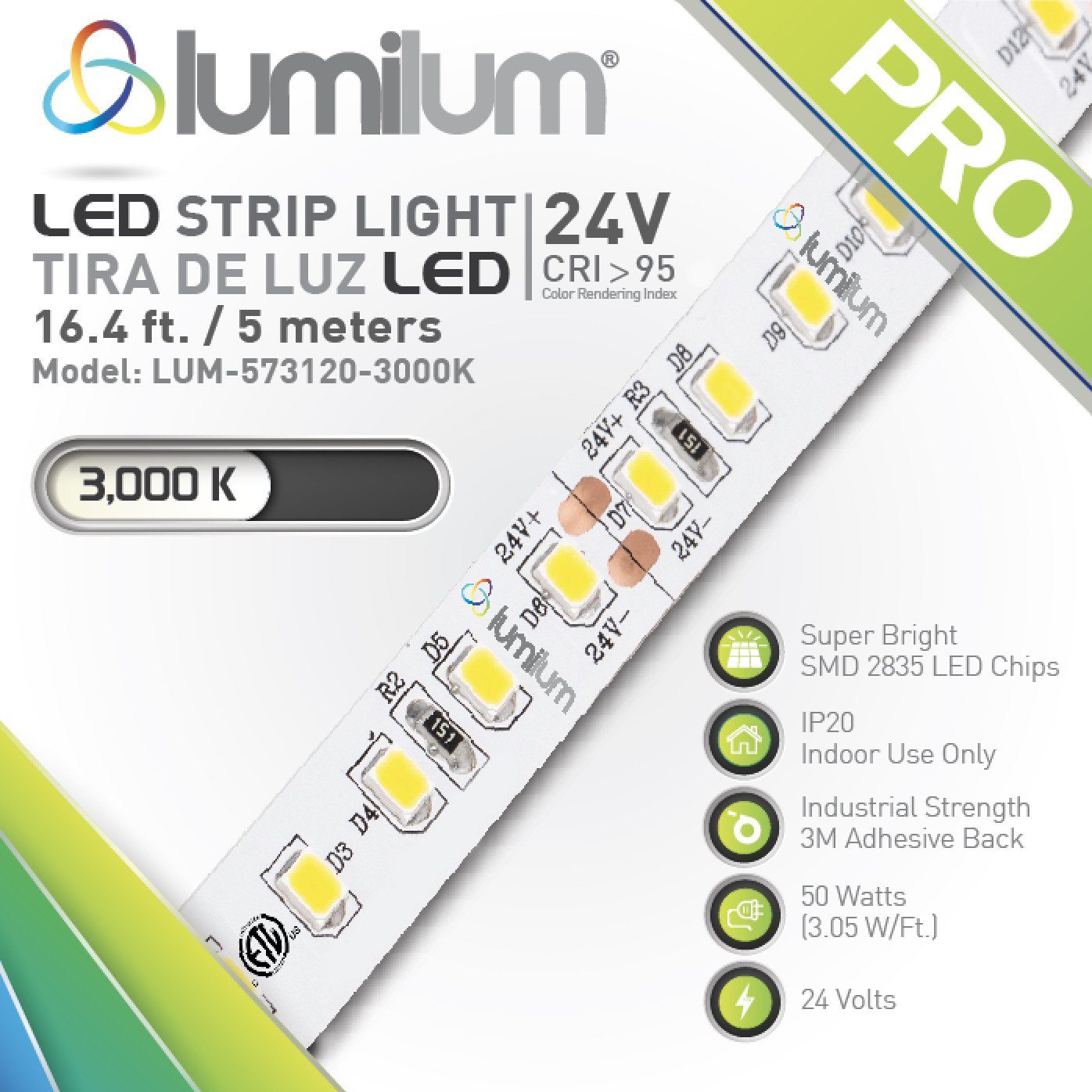 Load image into Gallery viewer, lumilum brand multicolored led strip light square packaging face with diagonal strip light with lime green PRO text and 3000k color temperature text
