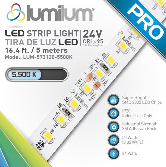 Load image into Gallery viewer, lumilum brand multicolored led strip light packaging face with diagonal strip light with blue PRO text and 5500k color temperature label
