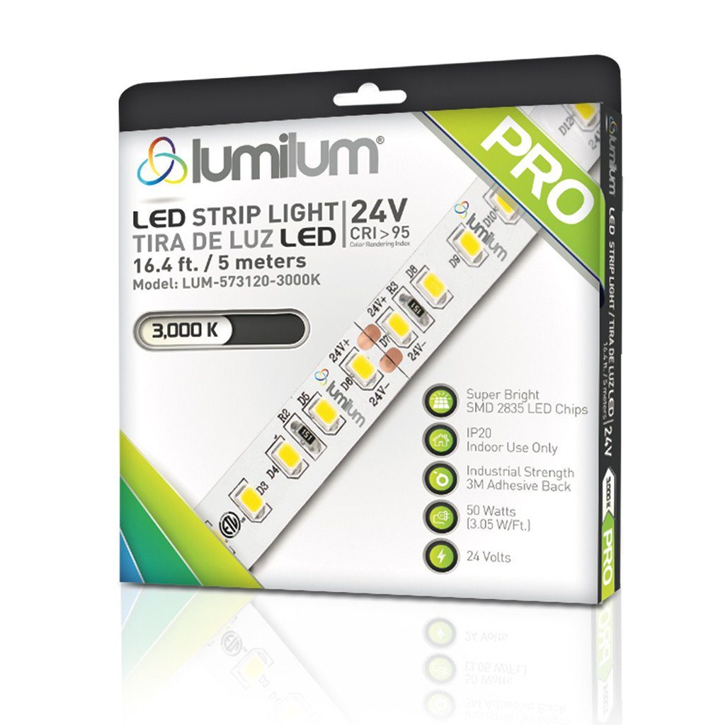 lumilum brand multicolored led strip light square packaging face of 3000k with lime green PRO text on white background with reflection