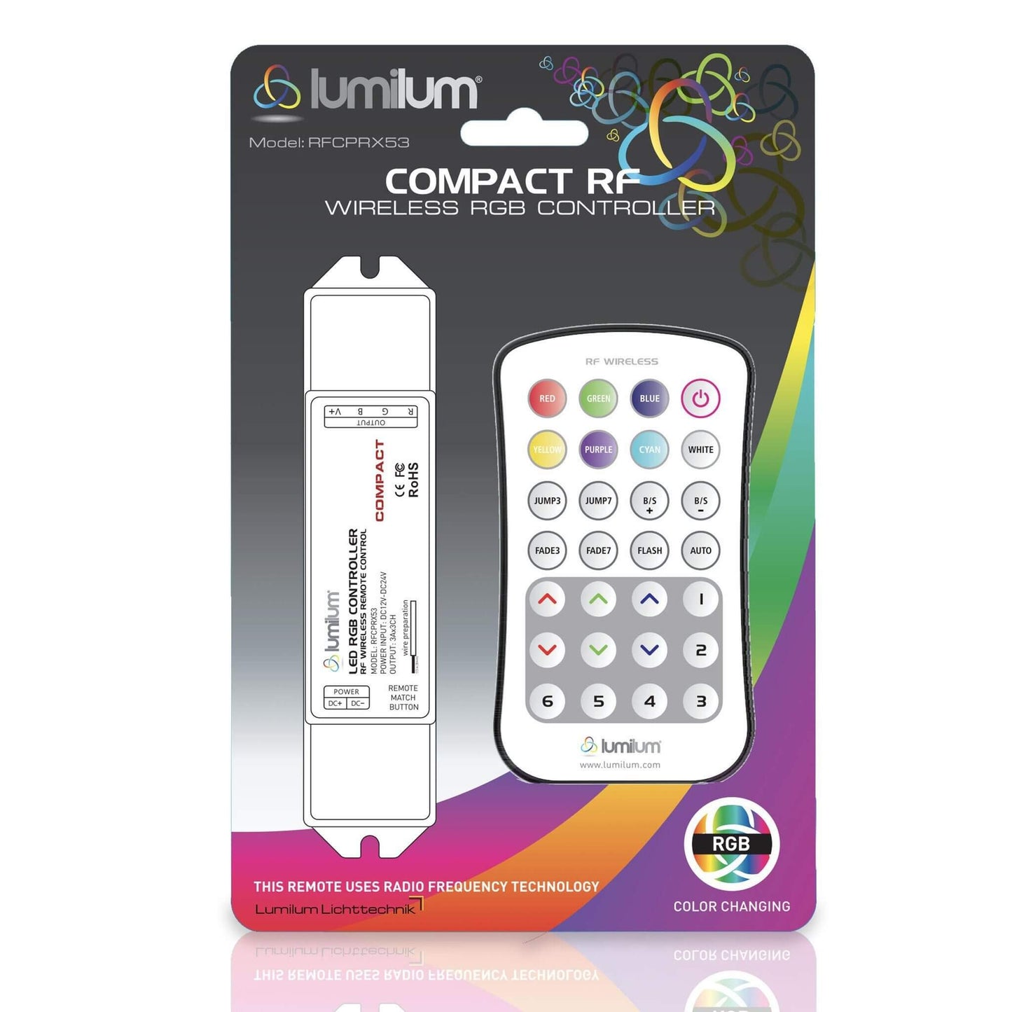 multicolor pink and purple blister packaging for 28 key white rf controller