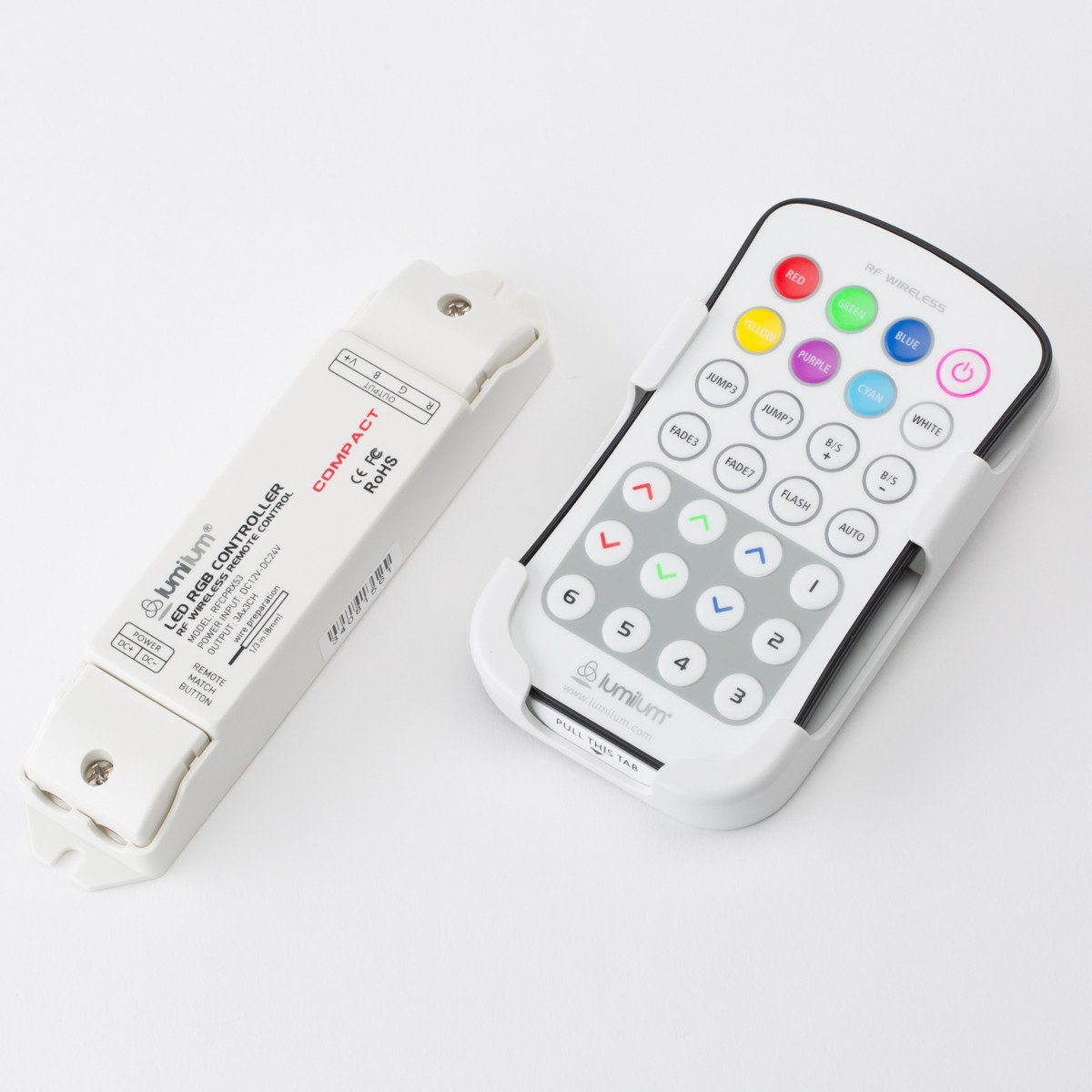 Load image into Gallery viewer, white rf controller with 28 buttons next to white rgb controller receiver
