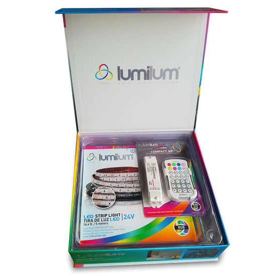 Load image into Gallery viewer, colorful packaging box open showing lumilum brand led strip light and rgb controller
