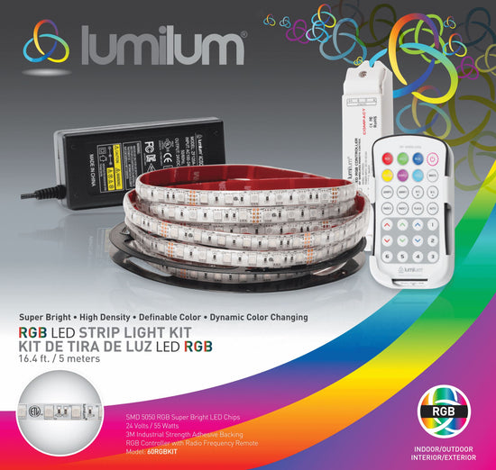 lumilum brand colorful led strip light packaging showing strip, power supply, and remote with zoomed photo on bottom left