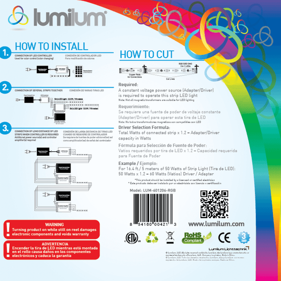 lumilum brand led strip light rainbow packaging backside with instructions how to install and how to cut