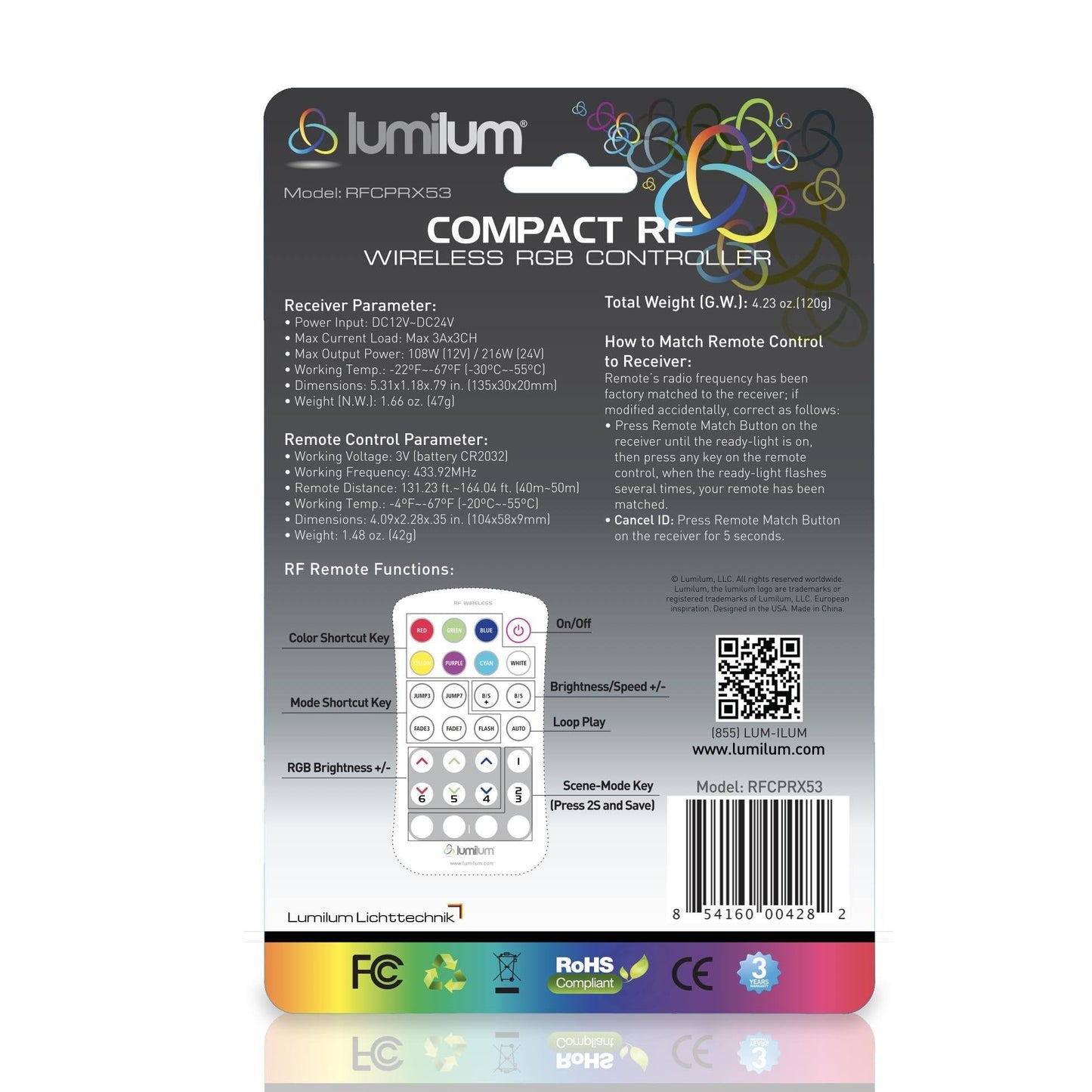 Load image into Gallery viewer, lumilum brand multicolor and gray rgb remote packaging backside with useage instructions
