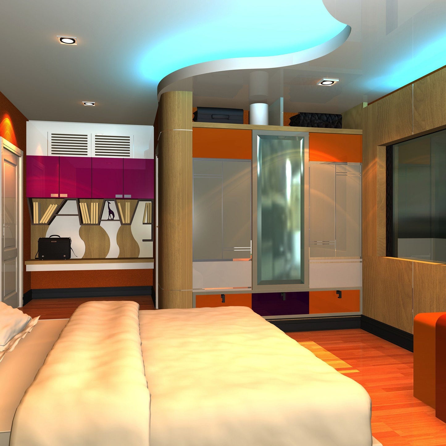 modern hotel room with orange and magenta accents, cool white blue light in cove above room
