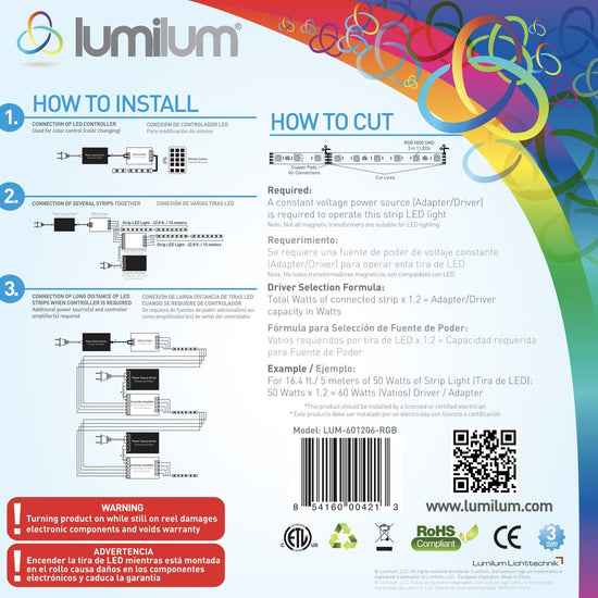 lumilum brand led strip light packaging backside with instructions how to install and how to cut