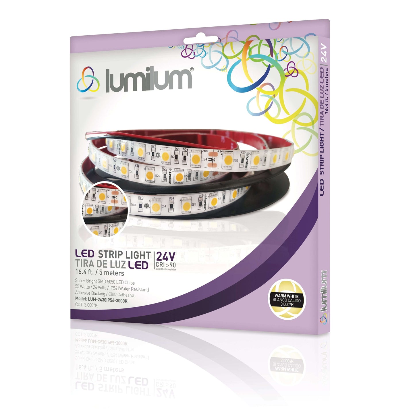 lumilum brand purple led strip light packaging with strip light image and 3000k product information text