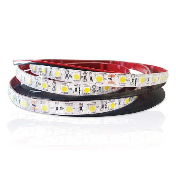 red tape backed led strip light with yellow chips loosely wrapped on black reel