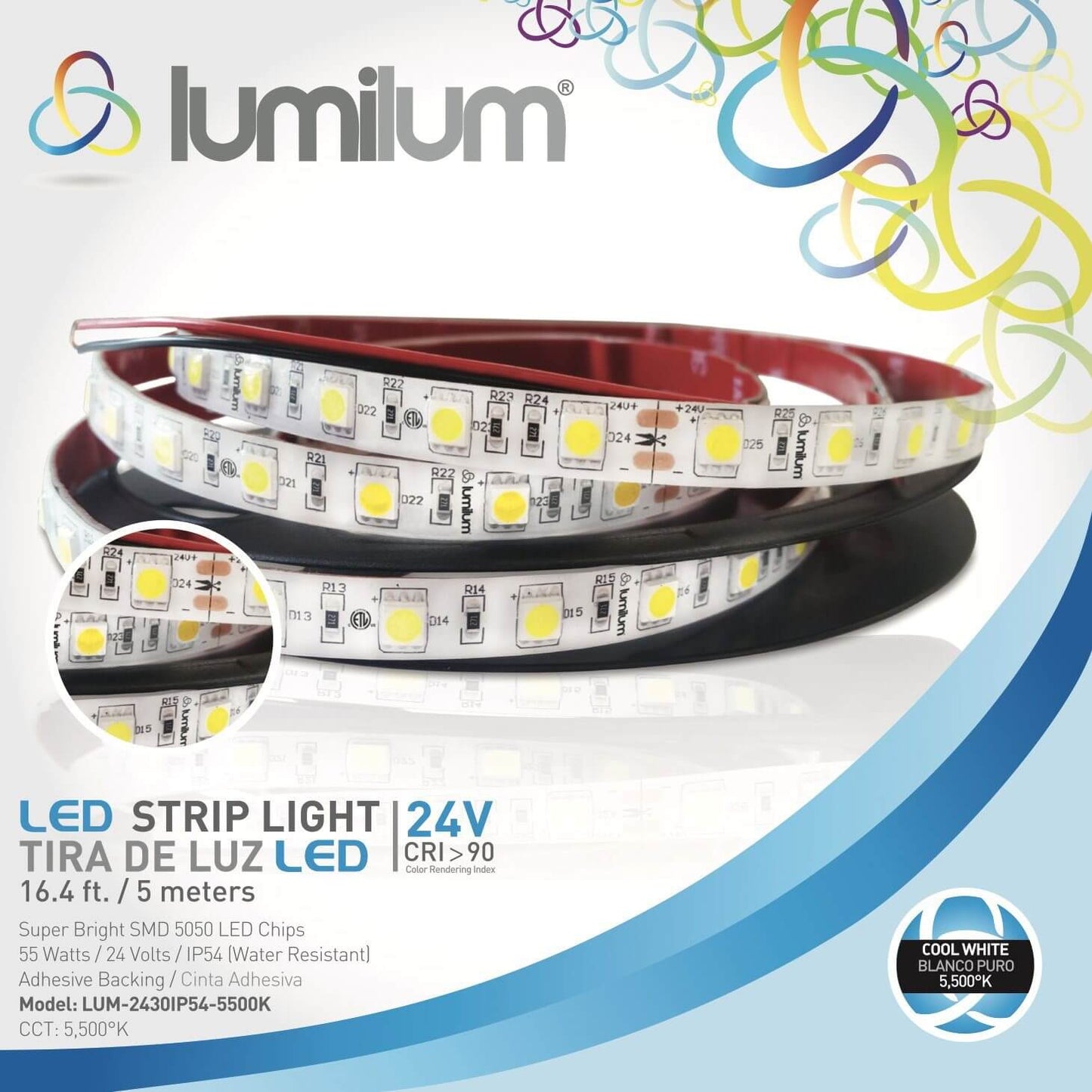 lumilum brand blue led strip light packaging with strip light image and 5500k product information text