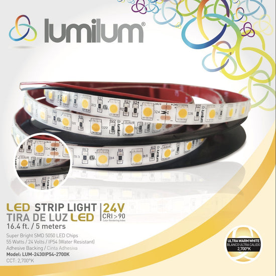 Load image into Gallery viewer, lumilum brand yellow led strip light packaging with strip light image and 2700k product information text
