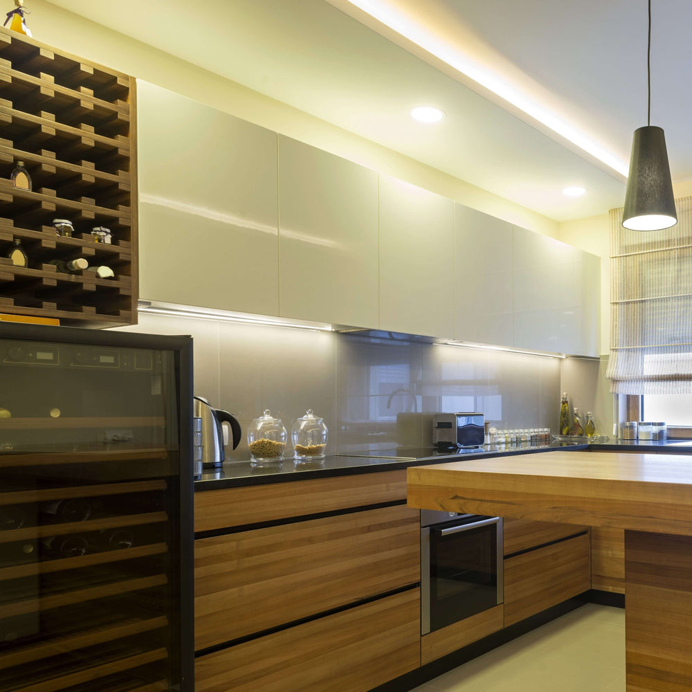 
                      
                        modern wood finish kitchen illuminated by linear led light bars
                      
                    