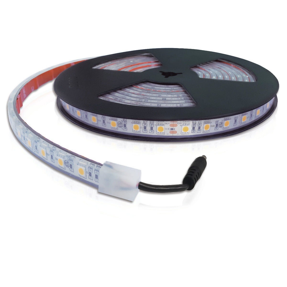 ip67 silicone encased led strip light with visible yellow chips loosely coiled on black reel with red and black connector end