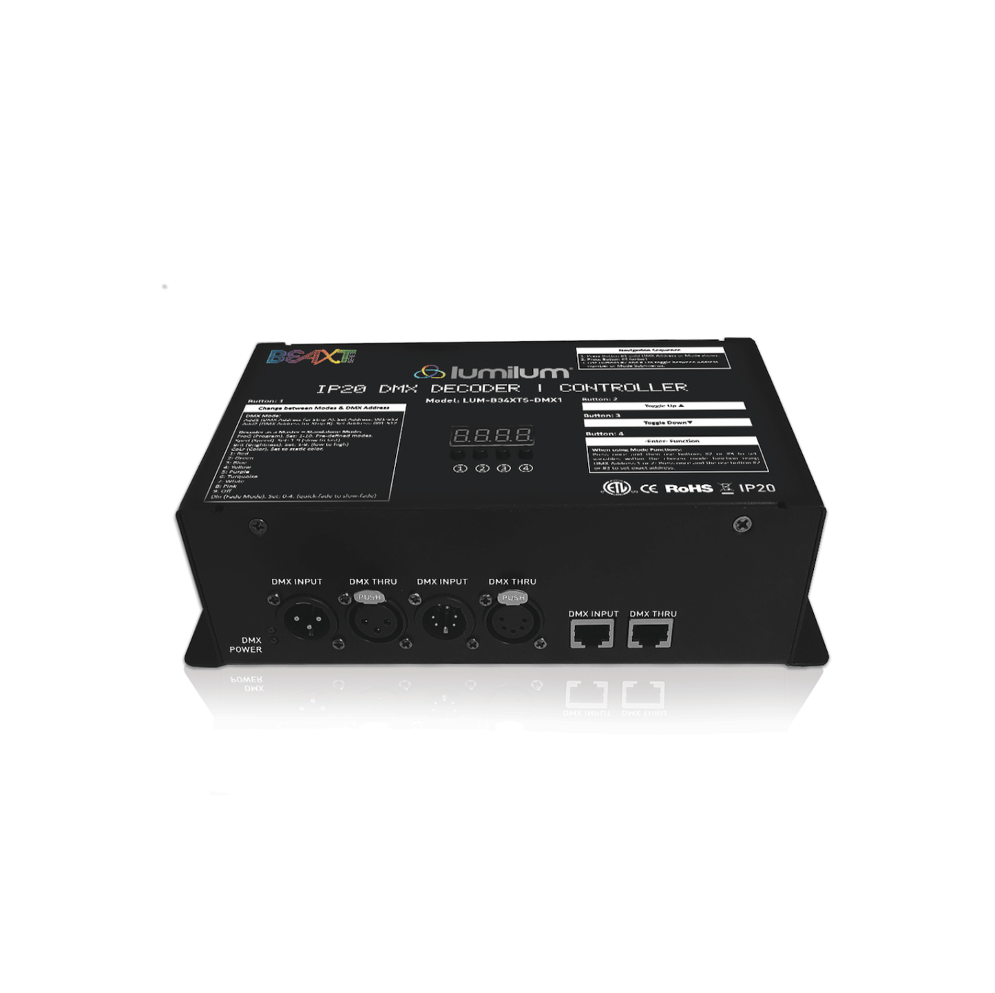 black matte dmx decoder controller box with multiple buttons and a digital display screen and 4 ports on the front for different inputs