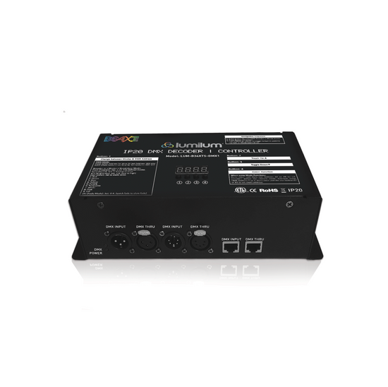 black matte dmx decoder controller box with multiple buttons and a digital display screen and 4 ports on the front for different inputs