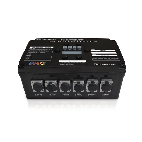 black dmx decoder box with multiple buttons and a digital display screen and 6 ports on the front for different inputs