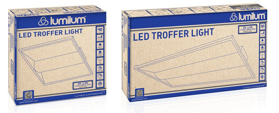 two LED Center Basket Troffer Panel packaging in brown and blue of different sizes 2x2 and 2x4