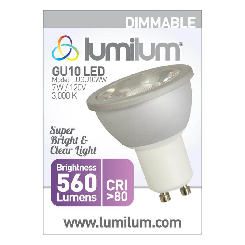 lumilum brand gu10 dimmable led light bulb packaging with purple accent and product information text