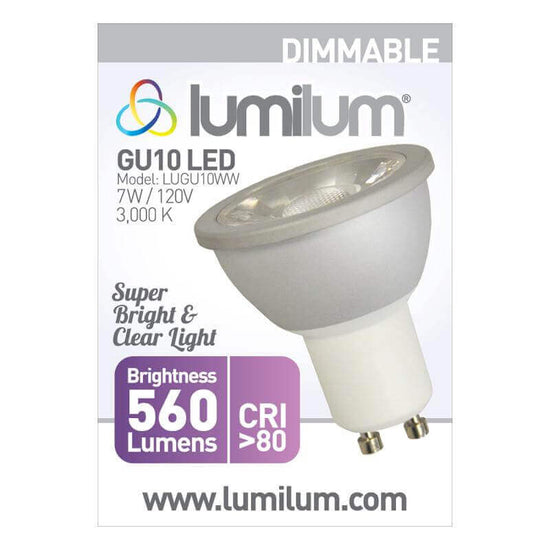 lumilum brand gu10 dimmable led light bulb packaging with purple accent and product information text