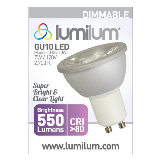 lumilum brand gu10 dimmable led light bulb packaging with purple accent and product information text