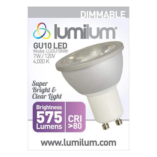 lumilum brand gu10 dimmable led light bulb packaging with purple accent and product information text