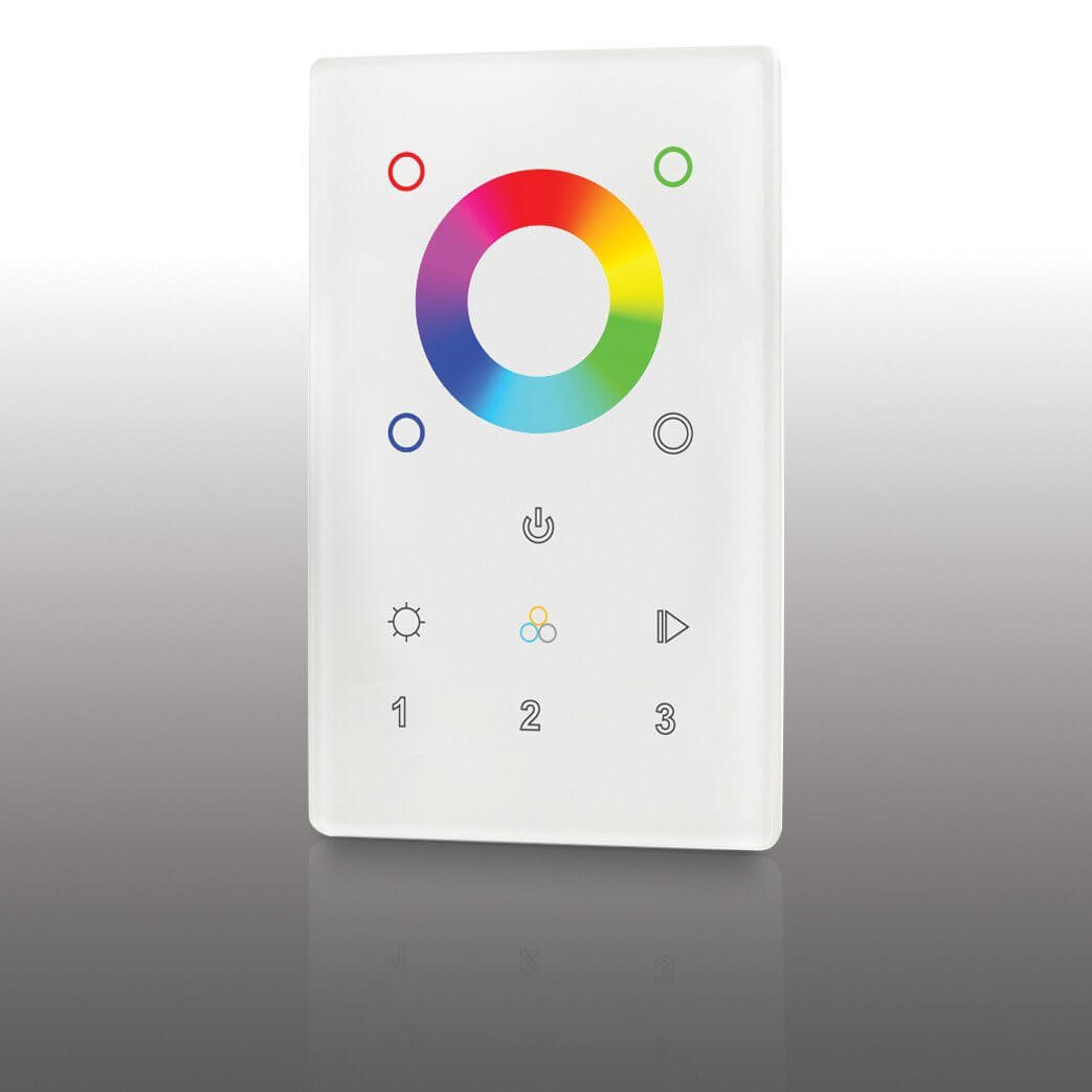 square, white, rgb wall panel with color wheel and multiple numerical buttons