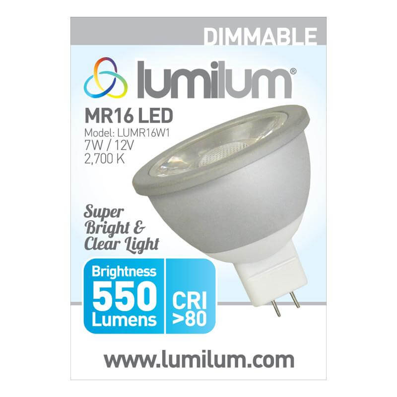 
                      
                        lumilum brand mr16 led bulbs 2700k packaging with blue accent and product information text
                      
                    